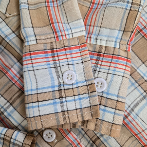 70s Vintage Levi's Tan Plaid Retro Casual Classic Button Down Shirt Size XS - Picture 3 of 8